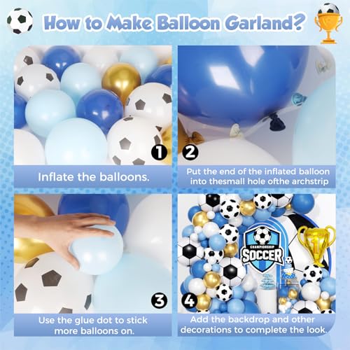 Image of Soccer Party Decorations 160Pcs, World Soccer Balloon Garland Arch Kit with 18'' Football Foil Balloons, Blue and White Football Print Balloons for Boys Sports Fan Birthday Soccer Party Decor