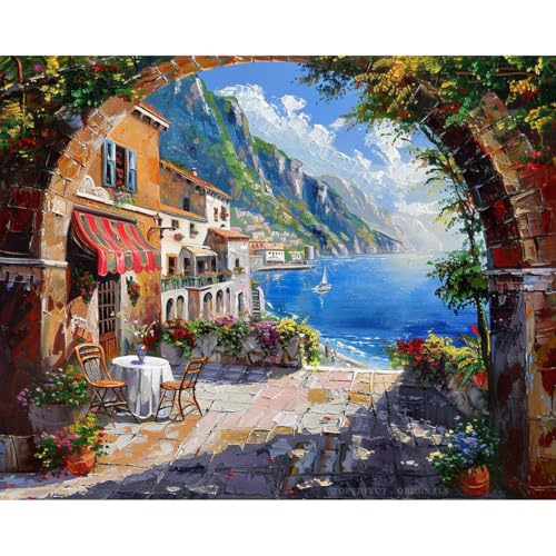 Toperfect 32 Pittura originale del Mar Egeo, Arco al mare, scenario arte murale paesaggio marino pittura caffè arredamento sala da pranzo, dipinto a mano acrilico arte Mar Egeo su tela da insegnanti
