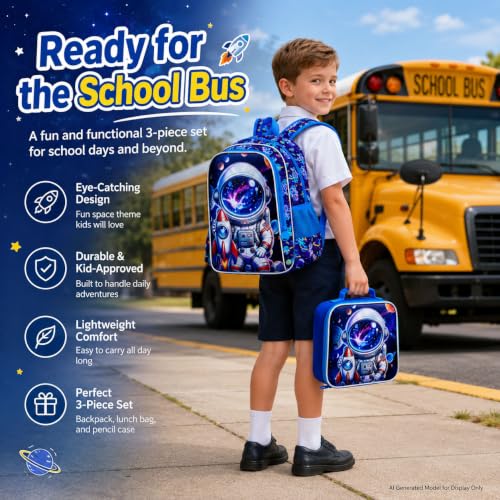 Image of AGSDON 3PCS Astronaut Backpack for Boys, 16 inch Little Kids Preschool Bookbag, Elementary Backpacks and Lunch Box - Blue