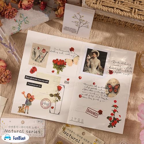 Image of FunBlast Kawaii Sticker Set - 4 Packets, 500+ Stickers for Kids, Nature Vintage Sticker, Beautiful Flowers and Leaf Retro Decorative Stickers, Self Adhesive, Japanese Style Stickers (Multicolor)