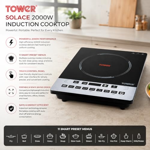 Image of Tower Solace Portable Induction Cooktop 2000W | Single Burner Electric Stove with Touch Control, 11 Cooking Modes & Auto Shut-Off | Energy Efficient | Black