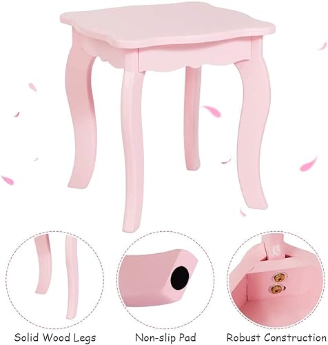 Miniatura 14 de INFANS Mesa de tocador 2 en 1 para niños pequeños con taburete y espejo de tres pliegues, tocador de maquillaje de princesa con cajón grande, juego