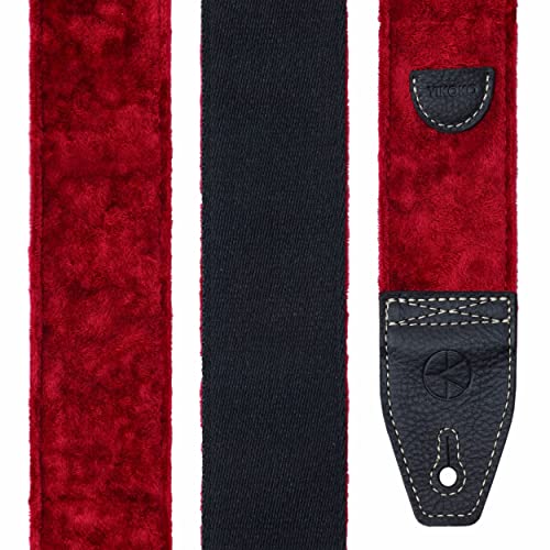 Yikoko Guitar Strap, 2" Velvet Full Grain Leather End Guitar Straps For Bass, Electric And Acoustic Guitars, Complimentary Strap Button, 1 Pair Of Strap Locks And 4 Guitar Plectrums - Elegant Ruby Red #TOP5
