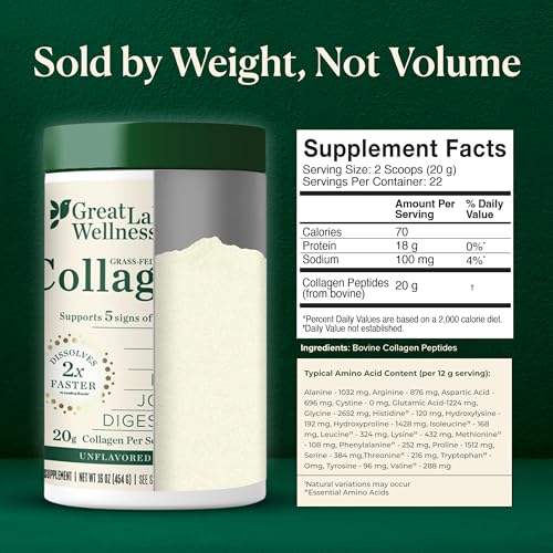 Great Lakes Wellness Collagen Peptides Powder – Supports Skin, Hair, Nails, Joints & Digestion – Hydrolyzed, Quick Dissolve, Non-GMO, Keto & Kosher – Pure Collagen Protein (16 oz, 22 Servings)