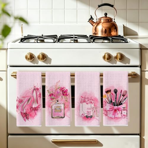 Image of 4Pcs Pink Kitchen Towels 24x14 Inch, Perfume High Heels Decor Microfiber Reusable Tea Towels for Kitchen Bathroom Farmhouse, Durable Waffle Weave Dish Drying Towel, Pink Gifts for Women Mom Friend