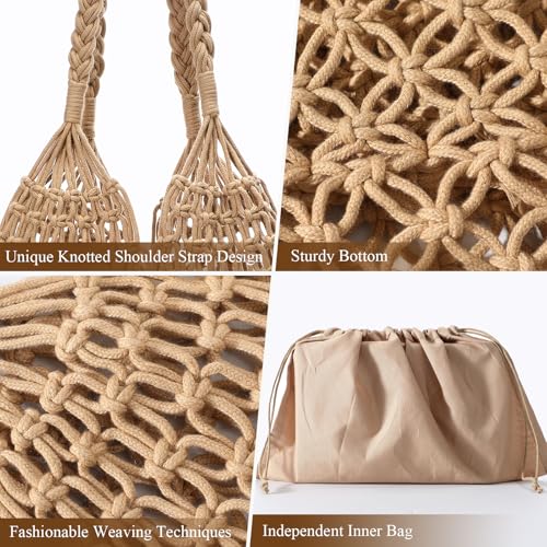 Image of Pleneal Crochet Beach Bags for Women - Women Beach Handmade Tote Bag, Summer Mesh Hollow Shoulder Bag for Holiday Market