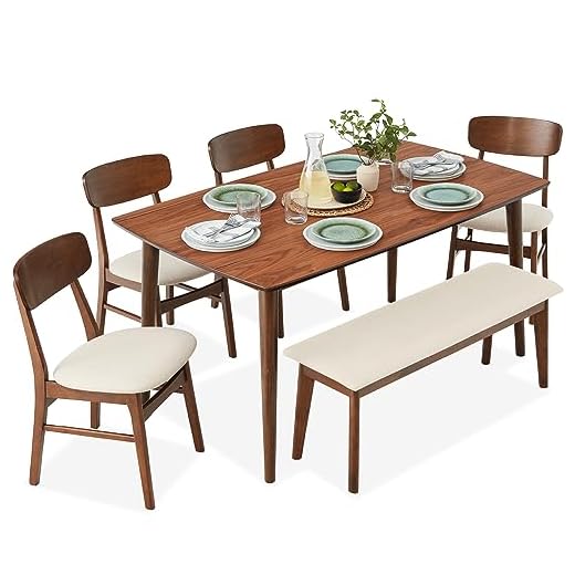Best Choice Products 6-Piece Wooden Dining Set, Mid-Century Modern Table & Upholstered Chair Set w/Bench Seat, Rubberwood Legs - Brown/Cream