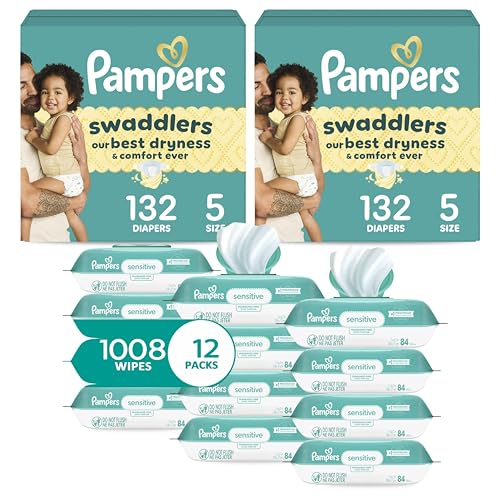 Image of Pampers Swaddlers Disposable Baby Diapers Size 5, 2 Month Supply (2 x 132 Count) with Sensitive Water Based Baby Wipes 12X Multi Pack Pop-Top and Refill (1008 Count)