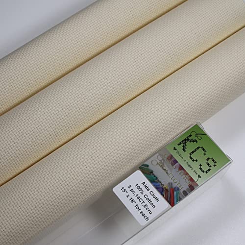 Image of KCS 3 pc of 15 inch x 18 inch Counted Cross Stitch Cotton Aida Cloth Needlework Rolled Fabric Box,14CT,Ecru