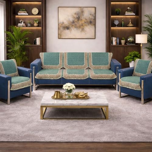 Image of Premium Teal Chenille Woven Anti-Slip 5 Seater Sofa Cover | L-Shape Sofa Seat Protector for Living Room | Durable & Stylish Slipcover - Turquoise - 3D