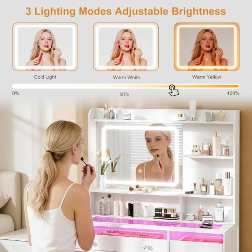 Image of Korfile 35'' Makeup Vanity Desk with Mirror and Lights, Power Outlet White | Transparent Top, 2 RGB Drawers, 3 Shelves & 1 Tempered Cabinet, 3-Color LED Lights, Power Outlet, Vanity with Glass Top