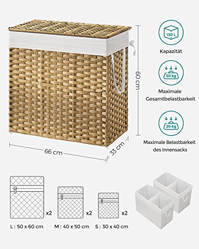 SONGMICS Wäschekorb mit Deckel, Wäschesammler 130 Liter, 2 Fächer, herausnehmbarer Wäschesack mit Griffen, handgeflochten, für Schlafzimmer, Badezimmer, 33 x 66 x 60 cm, naturfarben LCB253N01