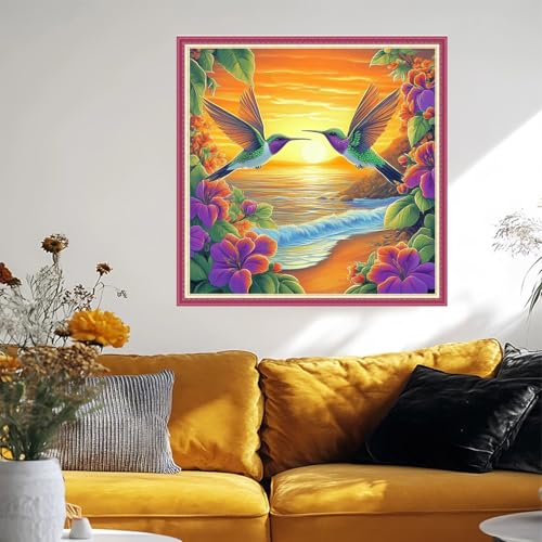 Image of Fanxvivy Stamped Cross Stitch Kits for Beginners Full Range of Cross Stitching Preprinted Embroidery Kits for Adults, 11CT Embroidery Pattern Needlepoint Kits-Seaside Hummingbird 18x18 inch