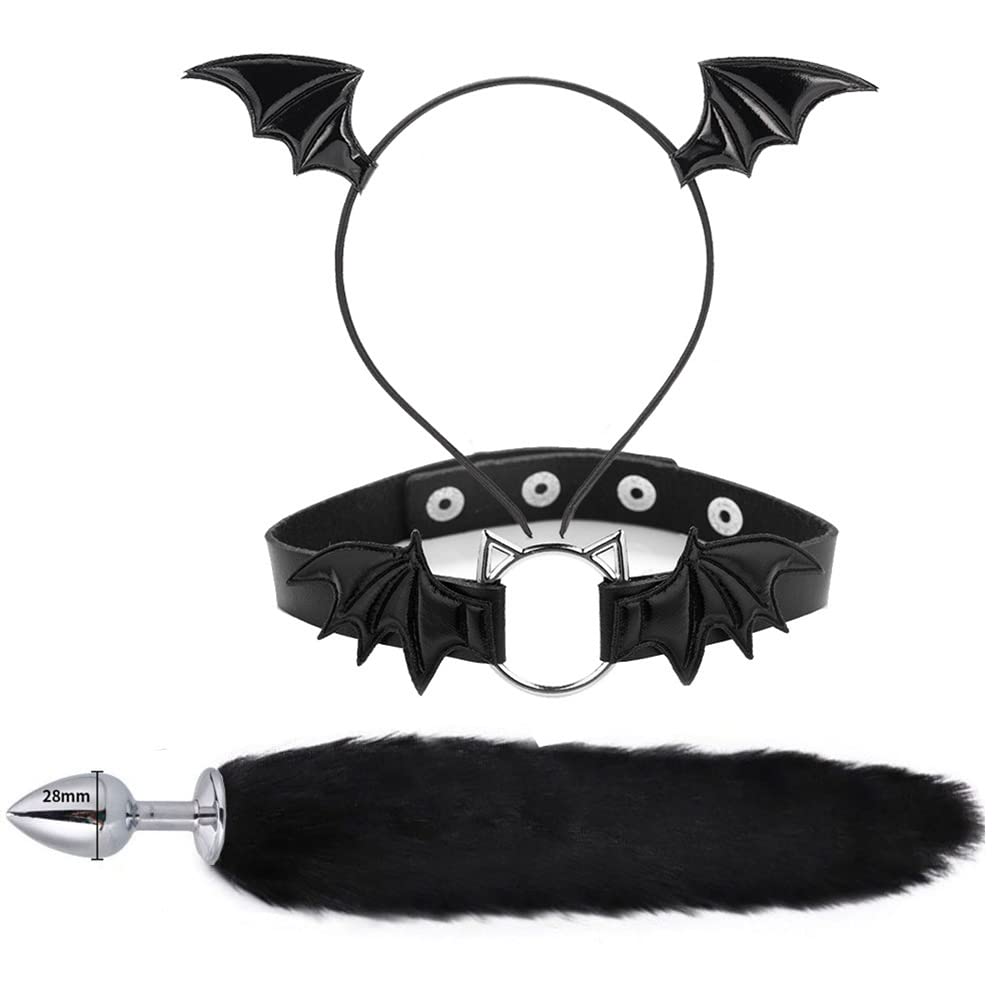 3PCS Animal Cosplay Costume Furry Fox Tail Plug Cute Ears Headband Bat Style Neck Collar Set For Halloween Party (Black a)