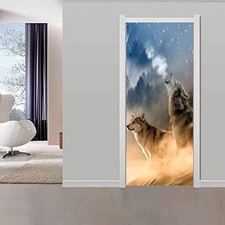 Stickers 3D Porte Poster Chien-Loup Animal Créatif Papier Peint Porte Trompe L'Oeil Pour Salon Chambre Décoration De La Maison Stickers Muraux Imperméable Stickers Amovibles 77X200CM