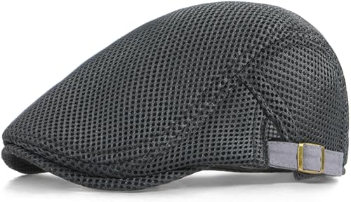 Xinveen Mens Mesh Cap Breathable Summer Newsboy Hat Adjustable Beret Ivy Cap Irish Cabbie Driving Hunting Hats Dark Grey