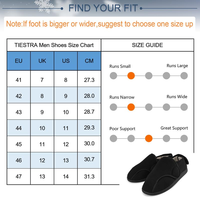 TIESTRA Chaussons Chauds D'hiver pour Hommes,Chaussons Diabétiques en Peau D'agneau Synthétique,Chaussons en Feutre à Larges Pieds,Semelle en Mousse à Mémoire de Forme,Hook and Loop Chaussons