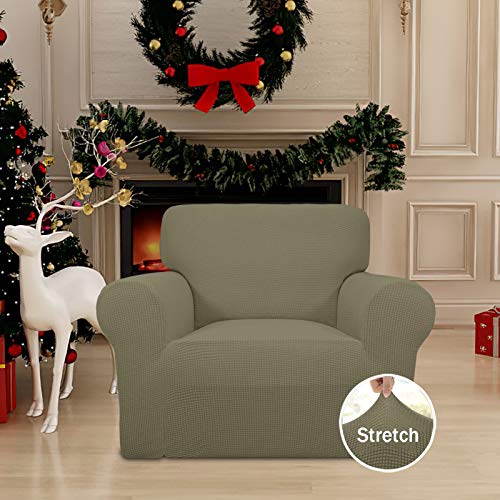 Image of Easy-Going Stretch Chair Sofa Slipcover 1-Piece Couch Sofa Cover Furniture Protector Soft with Elastic Bottom for Kids, Pet. Spandex Jacquard Fabric Small Checks (Chair, Khaki)