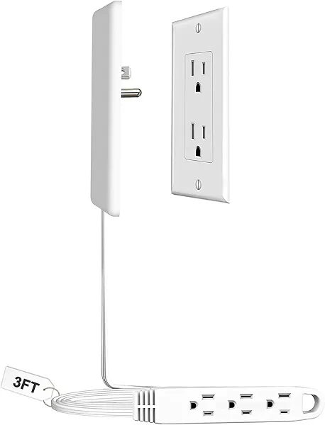 CABOCASA 3FT Ultra Flat Plug Extension Cord Power Strip with 3 Outlets, Patented Detachable Ultra-Thin Outlet Cover Concealer & Ultra-Flat Plug, Max. 13A 125V 1625W ETL Listed, White Color