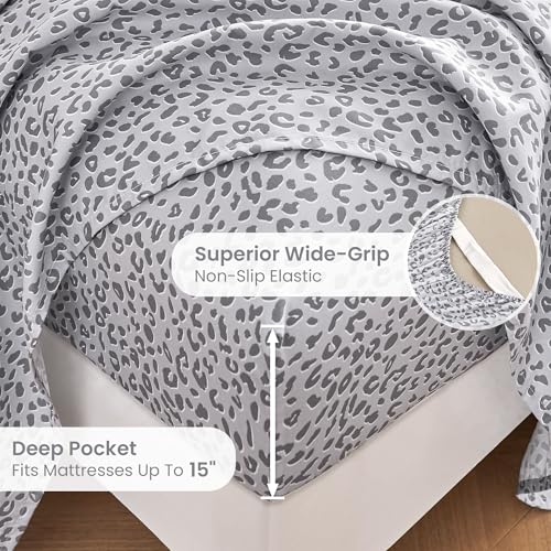 Image of Mooreeke Leopard Cheetah Printed Queen Bed Sheets, Soft Microfiber Bedding Sheets & Pillowcases, Deep Pocket Non-Slip Fitted Queen Sheet, Silver Grey Animal Pattern Bedsheets