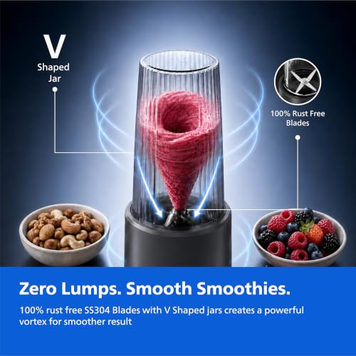 Image of Philips HR2612 /00 Mini Blender | 2 Unbreakable Food-Grade PC Jars | ProBlend Technology for Smooth Blending in seconds | Blend & Carry Jar | Superfood Smoothies, Protein Shakes, Dips & more (Grey)