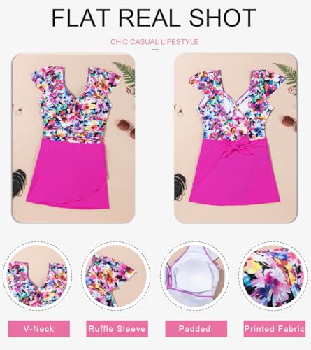 Dokotoo Womens Swimsuits Ruffle Short Sleeve Floral Swimsuit Sexy Back Strap Beach Vacation Clothes Padded Monokini with Wrap Skirt Beach Swimwear 2 Piece Bathing Suit Multicolour Large - Image 3