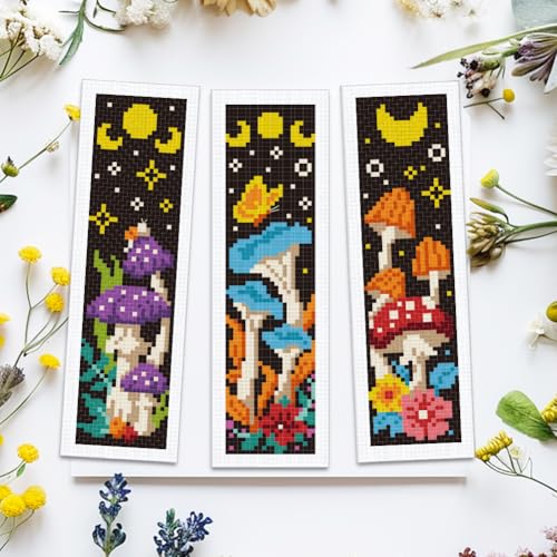 Image of ACRNIGHEET 6PCS Cross Stitch Bookmark Kits Mushroom Pattern Stamped Cross Stitch Kits for Beginners Adults DIY Stamped Embroidery Bookmarks with Instructions Hand Embroidery Craft Gift