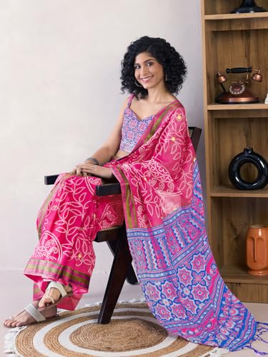 Image of SAREE MALL Women's Cotton Bandhani Printed Ready To Wear one Minute Saree With Unstitched Blouse
