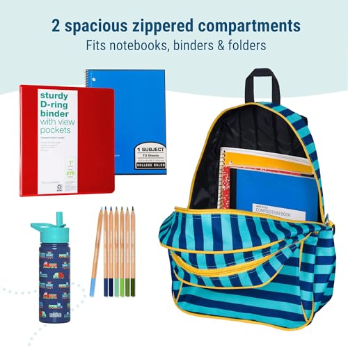 Image of Wildkin 15 Inch Backpack for Kids, Blue Stripes | Ages 5-10, padded straps, side water bottle pocket - coordinates with matching Wildkin lunch boxes