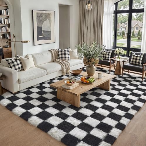 Image of PureCozy Checkered Rug 8x10 for Living Room Black and White Soft Shag Rugs