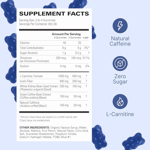 Image of EHP Labs OxyShred Gummies - Pre Workout Gummies & Energy Chews with 100mg Caffeine, L-Carnitine for Thermo & Metabolic Support, All Natural Energy Boost - Blue Raspberry - 60 Servings