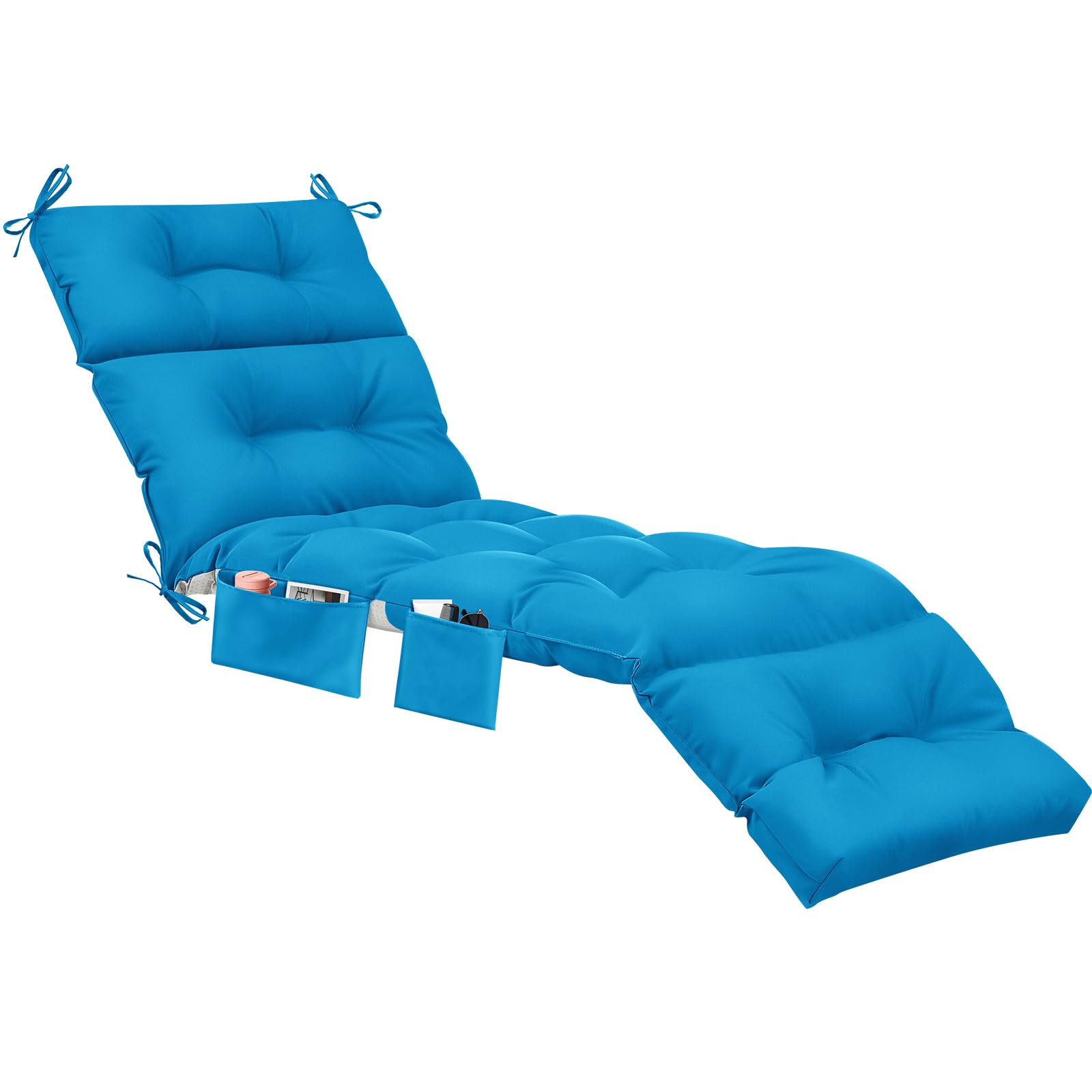 kigley 2 pcs outdoor chaise lounge cushions with 3 side pocket 74.5 x 22 x 4.7 inch patio chaise lounge cushion, water-repellent and fade-resistant tufted summer replacement(blue)