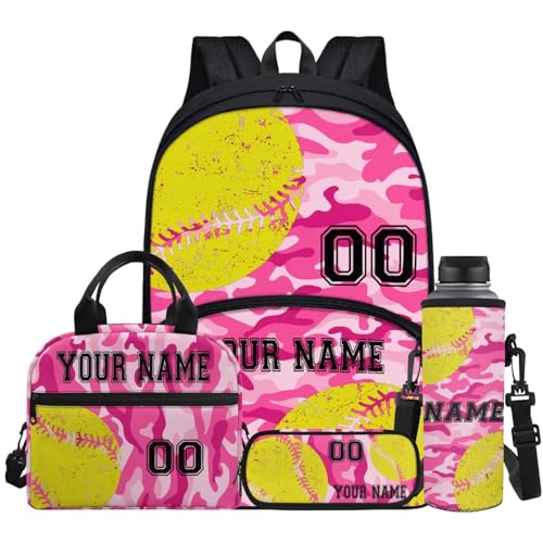 Big Student Softball Pink Camo Personalized School Backpack 17 Inch Schoolbag Book Insulated Lunch Bag Bookbag Pen Water Bottle Bag Stationery Pouch for Little Kids Girls Boys Teens