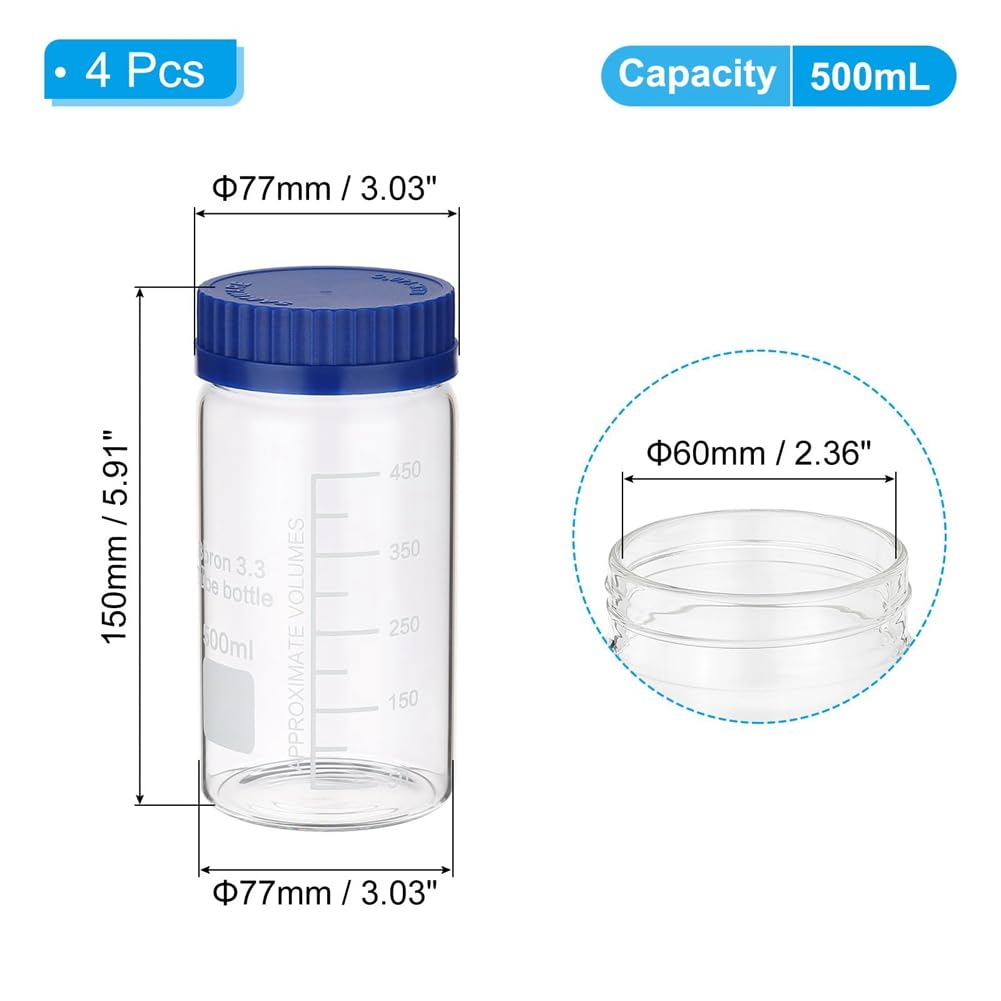 Paquet de 4 Flacons de Stockage de Réactifs, Flacons Ronds Gradués à Col Large en Verre Borosilicaté de 500 ML avec Bouchon à Vis GL32