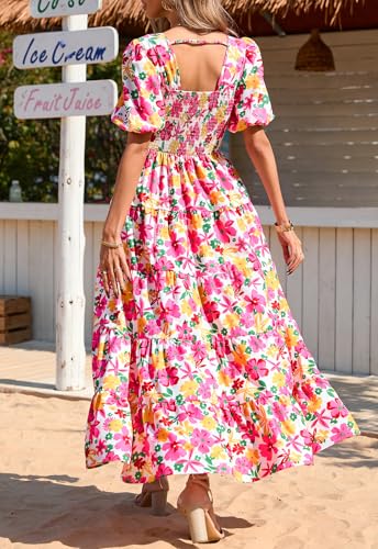 Image of PRETTYGARDEN Puff Short Sleeve Cewneck Floral Long Fall Dresses for Women 2025 Flowy Tiered Hem Maxi Wedding Guest Dress