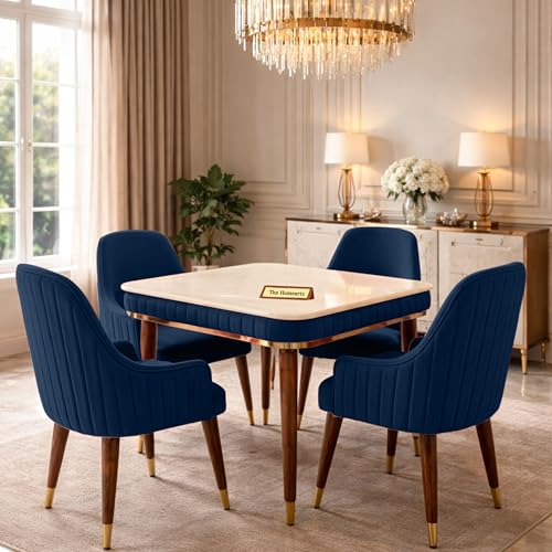 Image of Onyx Elite Modern Dining Table Set 4-Seater Modern Wooden Dining Table Set | 1 Year Warranty | Onyx Top Table with 4 Chairs (Navy Blue)