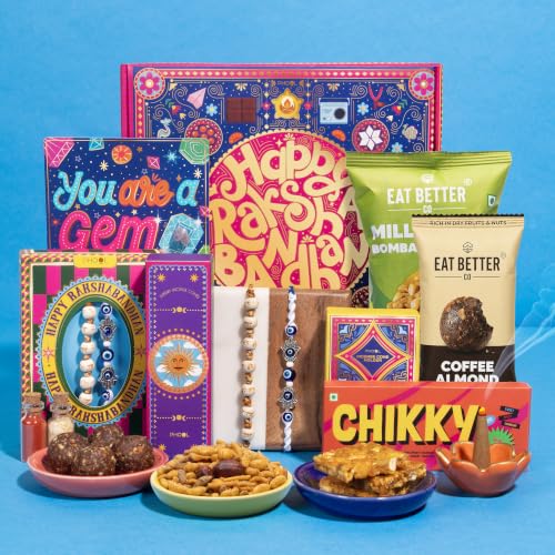 Image of Phool Bandhan Rakhi Gift Hamper for Brother | 10-Item Rakhi Gift Set with 2 Rakhis, Incense, Laddoo & Chikki | Rakhi Gift Box for Brother | Rakshabandhan Gift Hamper with Sweets