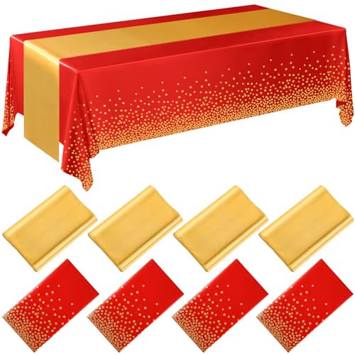 Image of Breling 8 Pack Red and Gold Disposable Plastic Tablecloths and Satin Table Runner Set, 54 x 108 Inch Tablecloth, 12 x 108 Inch Table Runners for Wedding Graduation Birthday Baby Shower New Year