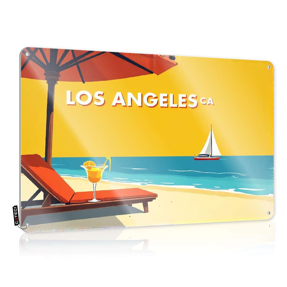Funny Signs For Home Decor Los Angeles, California Beach Scene With Lounge Chair And Umbrella. Tin Sign Personalized Bar Signs In Home Bar Signs(20X30CM)