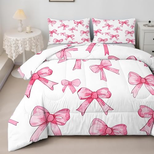 SYHIEGO Edredón individual con pajarita, edredón reversible rosa sin funda, edredón de microfibra para todas las estaciones con 1 funda de almohada, edredones lavables individuales de 135 x 200 cm,