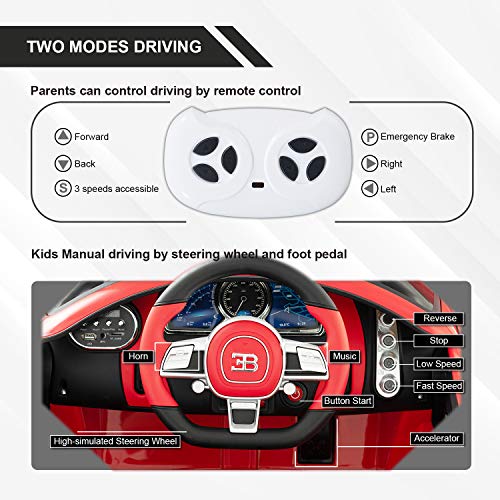 Uenjoy 12V Licensed Bugatti Divo Kids Ride On Car Electric Cars Motorized Vehicles for Kids, with Remote Control, Music, Horn, Spring Suspension, Safety Lock, Red