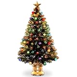 National Tree Company Pre-lit Artificial Christmas Tree | Flocked with Mixed Decorations and Multi-Color Lights | Great for Table Centerpieces, or Other Holiday Décor | Fiber Optic Fireworks - 4 ft
