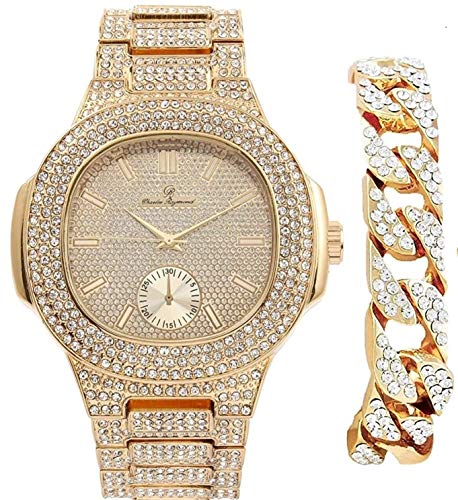 Bling-ed Out Cuban Bracelet with Oblong Iced Look Hip Hop Watch - 8475BC Cuban (Gold Gold)