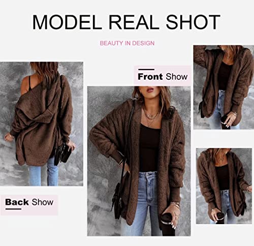 Image of Dokotoo Womens 2025 Winter Long Sleeve Solid Fuzzy Fleece Open Front Hooded Cardigans Jacket Coats Outerwear with Pocket