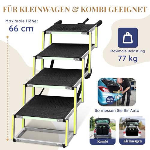 Hundetreppe Auto Klappbar - Hundetreppe Große Hunde - Leuchtende Leitmarkierung - Gelenkschonende Einstiegshilfe Auto Hund - Hundeleiter Faltbar mit Anti-rutsch Einsatz - 77kg Tragkraft - 4 Stufen