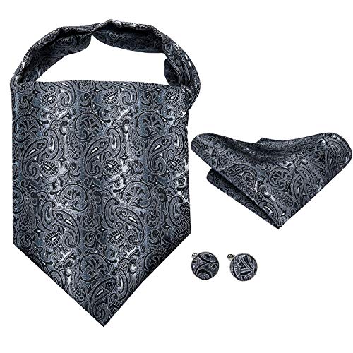 Dubulle Mens Black and Grey Paisely Silk Cravat Ties Jacquard Woven Ascot Pocket Square Cufflinks Set