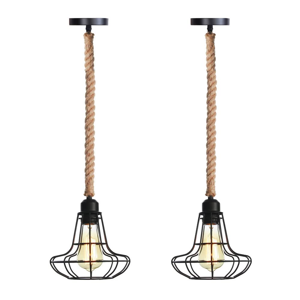 FYZDLAOR Vintage Industrial Wrought Iron Pendant Light,Hemp Rope Pendant Light,for Living Room Bedroom Cafe Teahouse Bar Dining Room Club（E27）
