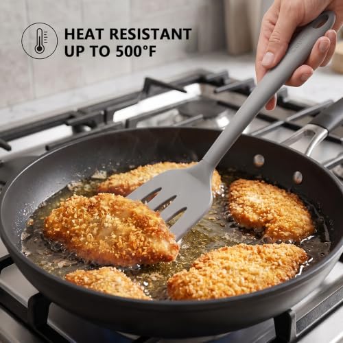 Image of Coukre 3 Pack Silicone Spatula Set, Heat Resistant to 500F, BPA-Free | Fish Spatula, Solid & Slotted Turners, Dishwasher Safe, Spatula Set for Eggs, Pancakes, Fish & Burgers, PureGray