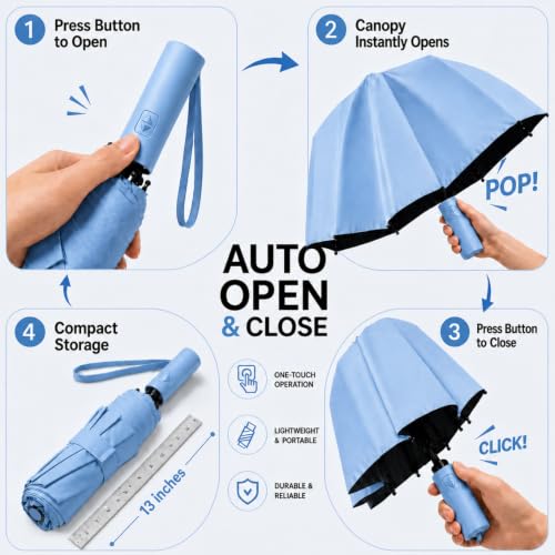 Image of ginoya brothers Premium Auto Open & Close Compact Travel Umbrella for Men & Women With 10 Durable Ribs Strong Wind Resistant Folding Easy to Carry Umbrella For Sun & Rain