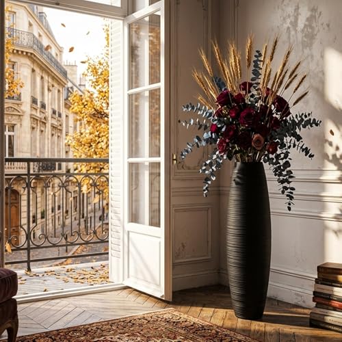Image of Large Floor Vase 35.4 inch Matte Black, Resin Wide-Body Vase with Horizontal Ribbed Texture for Dried Pampas Grass Branches, Modern Home Decor for Living Room Corner Entryway